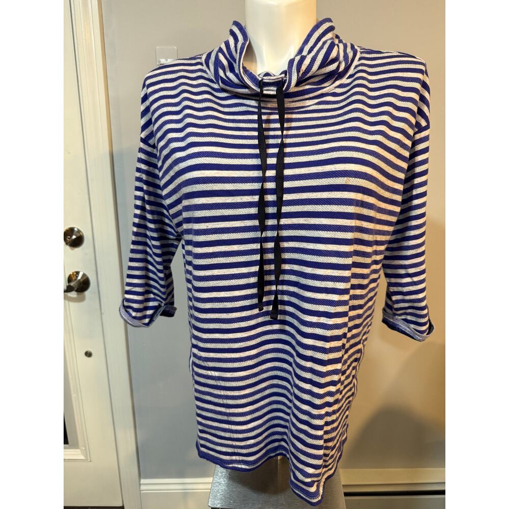 Striped Cowl Neck Drawstring Pullover Tunic Sweatshirt Blue White